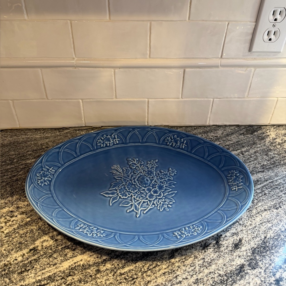Vintage Bordallo Pinheiro Blue Majolica Oval Platter Portuguese Serving Dish